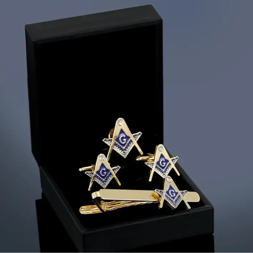 Elegant 5 Piece Gold and Blue Masonic Cufflinks, Tie Clip and Lapel Pin Set.